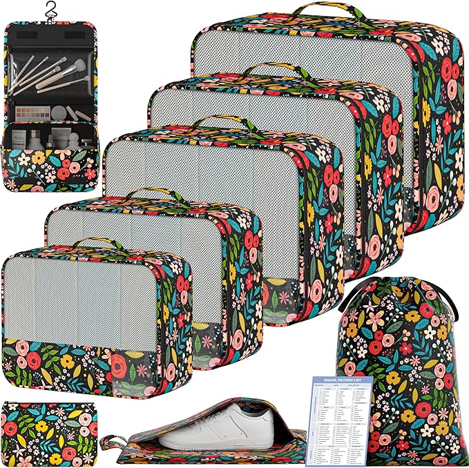BAGAIL 9 Set Packing Cubes with Packing List Luggage Packing Organizers for Travel Accessories (Black floral)