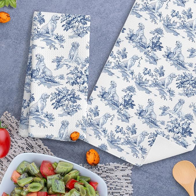 Chinoiserie Floral Golden Retriever Kitchen Towels Set of 2,Blue and White Golden Retriever Decorative Dish Tea Towels,Grandmillennial Botanical Dog Hand Towels for Kitchen Bathroom,16x24 Inch