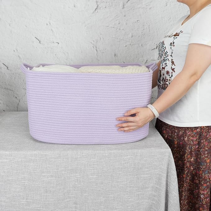 XUANGUO Large Woven Cotton Rope Blanket Basket 22"x17"x12" Lavender Purple | Storage basket for nursery and living room; toy basket for kids, laundry basket for clothes and towels, or gift basket.