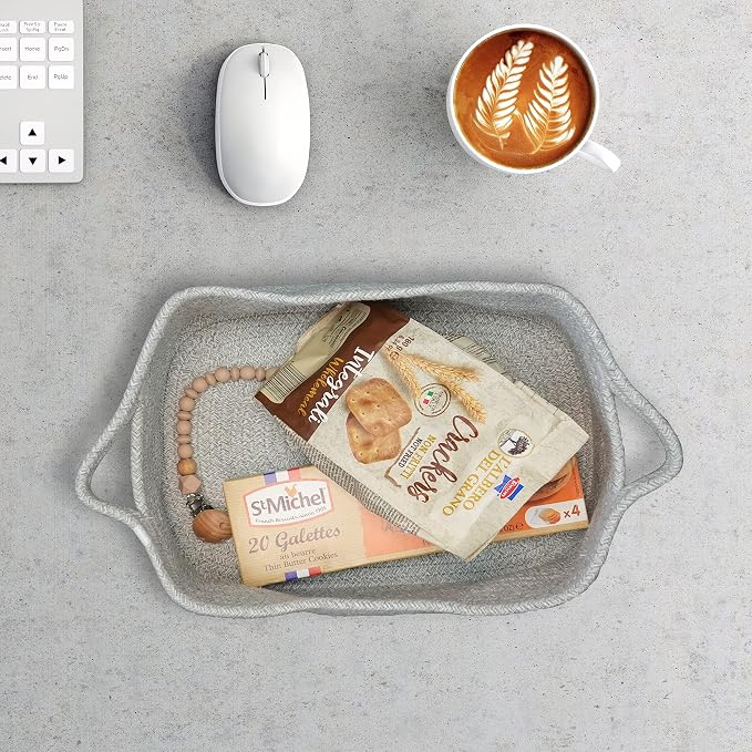 XUANGUO Medium Woven Cotton Rope Storage Basket with Handles, Light Grey | Small decorative rectangle storage bin for baby nursery items and cat toys; ideal as an empty gift basket or dog toy basket