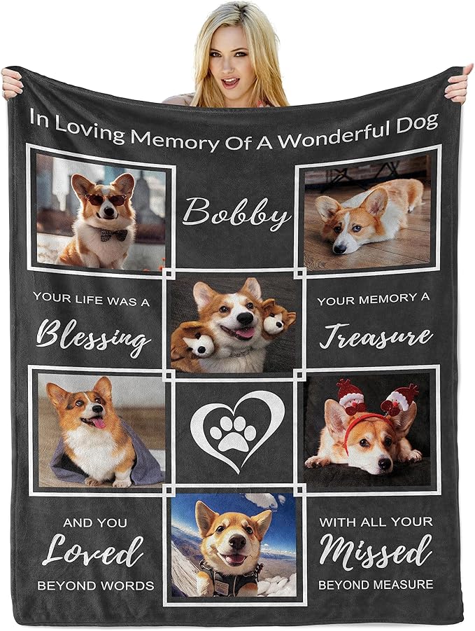 Dog Memorial Gifts for Loss of Dog, Customized Pet Blanket with Photos Name, in Memory of Dogs Personalized Blanket, Pet Memorial Gifts for Dogs, Pets Mom Gift