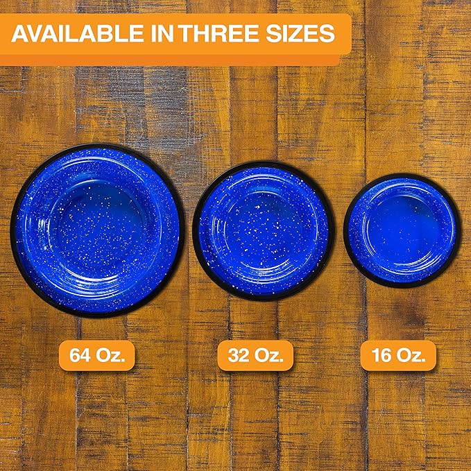 Neater Pet Brands - Outdoor Camping Style Pet Bowl - Enamel Ware Blue Black Granite Colors - Dog Cat No Tip Skid Bowls (32 oz, Blue)