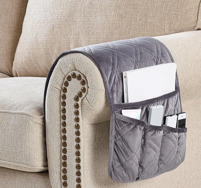 Brilliant Sunshine Grey Velvet Couch Armrest Cover, 35"×13" | Washable Magazine Holder, Armrest Organizer & Caddy on Sofa, Recliner, Armchair, Storage for Remote Controls, Phone, iPad