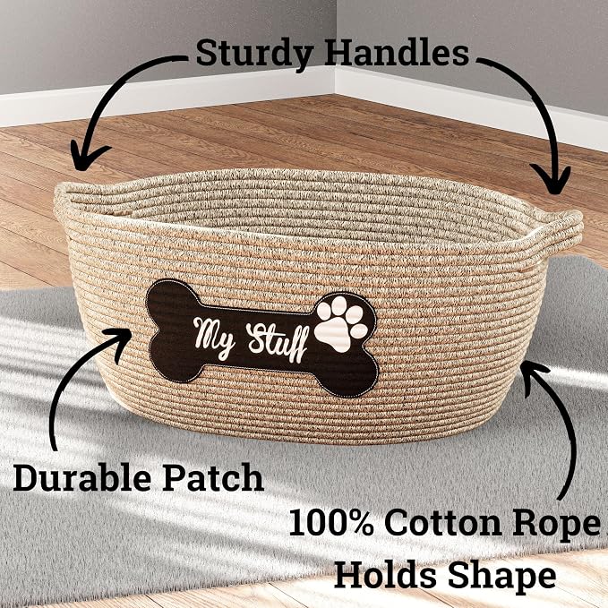Dog Toy Basket, 100% Cotton Rope, Chew Proof, Sturdy Reinforced Handles | 100% Cotton Rope Woven Dog Toy Box for Living Room Area, Sturdy Handles, Durable Patch, Suitable for All Pets, No Loose Parts