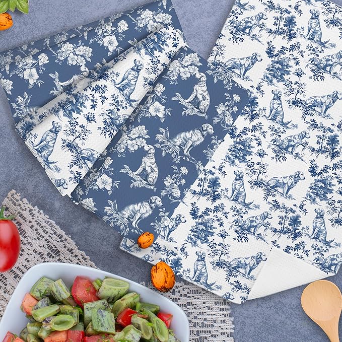 Chinoiserie Golden Retriever Kitchen Towels Set of 4,Blue and White Golden Retriever Floral Decorative Dish Tea Towels,Grandmillennial Botanical Dog Hand Towels for Kitchen Bathroom, 16x24 Inch