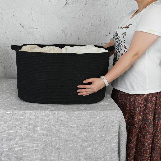 XUANGUO Large Rectangle Woven Cotton Rope Blanket Basket 22"x17"x12" Black | Storage basket for nursery and living room; toy basket for kids, dog toy storage, or laundry basket for clothes and towels.