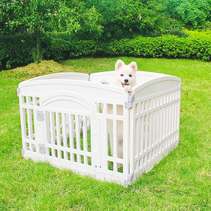 Gupamiga 4-Panel Plastic Puppy Playpen 33.5x33.5in White for Small Dogs | Heavy duty thick plastic, tool-free assembly, foldable storage, indoor & outdoor use for puppies, rabbits and small animals
