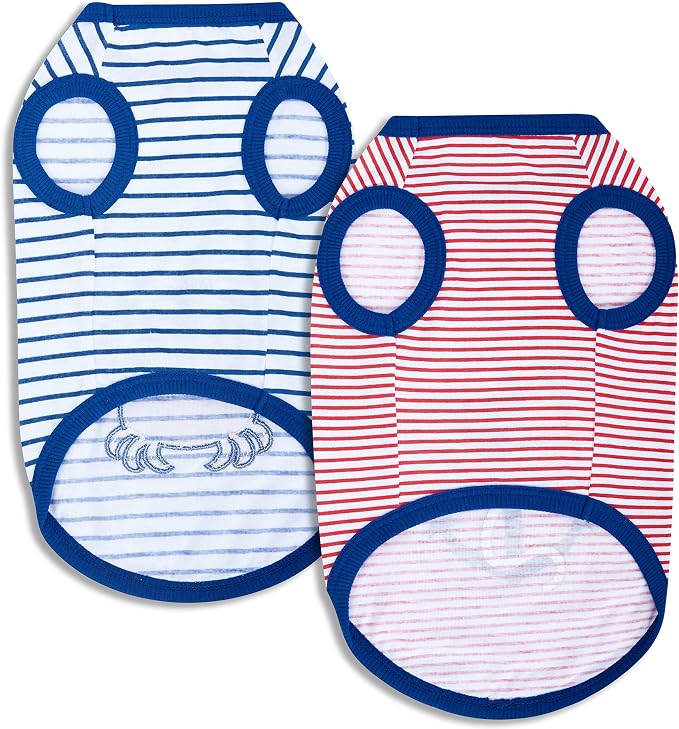 Blueberry Pet Soft & Comfy Summer Vacation Beach Cotton Dog T-Shirts, 2 Pack, Sunshine Sea Lover Striped Shirts Tank Top Clothes, Back Length 14", for Small Medium Dogs