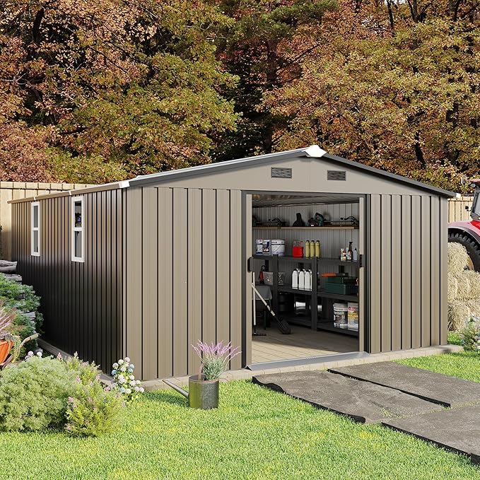 10x12FT Outdoor Metal Storage Shed, Two Daylight Windows, Brown | Ventilation Windows | Spacious Storage | Waterproof | Protective Film | for Patio, Lawn and Utility Equipment