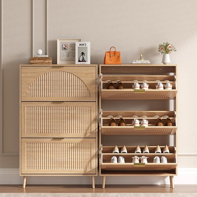 BORNOON Shoe Cabinet for Entryway with 3 Flip Drawers, Slim Wooden Shoe Storage Organizer with Modern Fluted Pannel，Freestanding Narrow Hidden Shoe Rack for Hallway, Foyer, Living Room