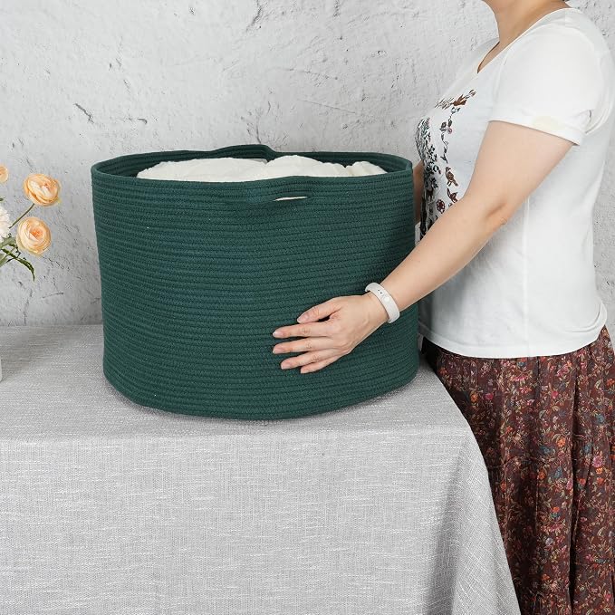 XUANGUO Extra Large Cotton Rope Round Storage Basket 22" x 14" Dark Green | Woven basket for blankets, toys, towels, laundry, nursery, living room and pet toy storage.