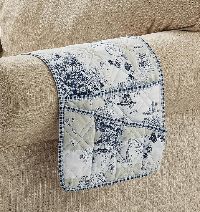 Brilliant Sunshine Blue & Beige Toile Couch Armrest Cover, 35"×13" | Washable Magazine Holder, Armrest Organizer & Caddy on Sofa, Recliner, Armchair, Storage for Remote Controls, Phone, iPad