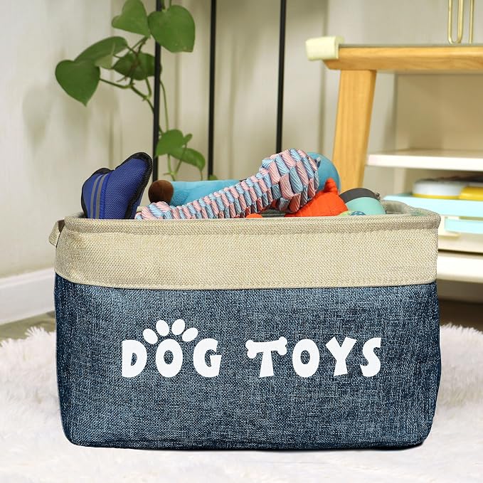 PET ARTIST Dog Toy Basket, Large Collapsible, Navy Blue, M: 15"x11"x9" | Dog Toy Bin Box, Comfortable Handles, Large Pet Toy Storage Organizer, For Accessories, Toys, Coat & Clothing, Blanket Leash