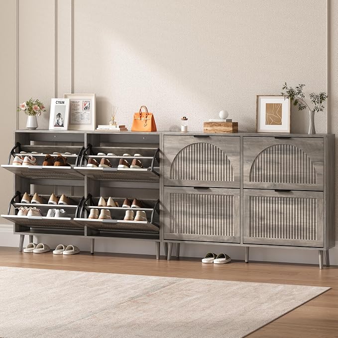 BORNOON Shoe Cabinet for Entryway with 4 Flip Drawers, Slim Wooden Shoe Storage Organizer with Modern Fluted Pannel，Freestanding Narrow Hidden Shoe Rack for Hallway, Foyer, Living Room