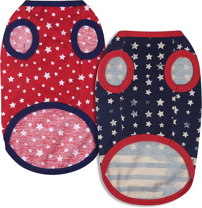 Blueberry Pet Pack of 2 Soft & Comfy Patriotic Spirit USA Stars Stripes American Flag Cotton Blend Dog T Shirts, Back Length 16", Clothes for Dogs