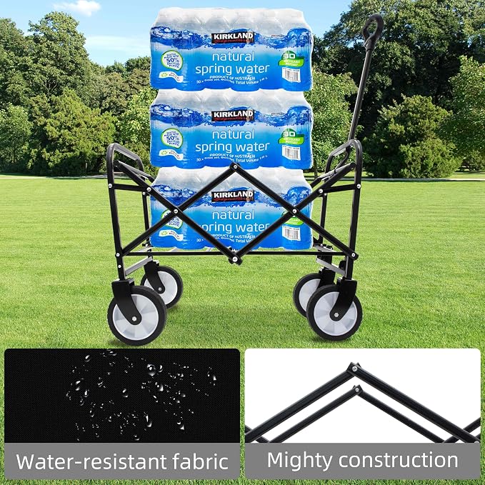 Collapsible Folding Outdoor Utility Wagon, Strap Collapsible Foldable Wagon Cart with Strapping System, Supports 225lbs (Black)