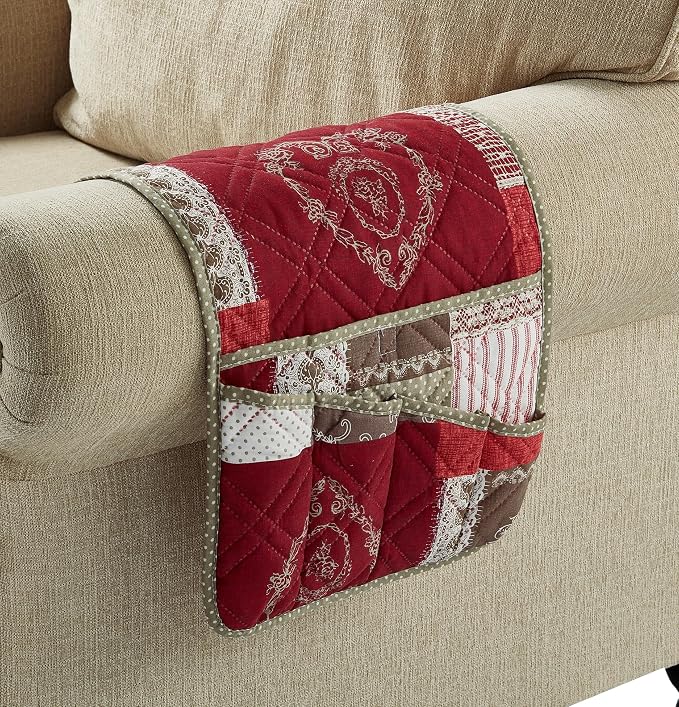 Brilliant Sunshine Burgundy Toile Floral Couch Armrest Cover, 35"×13" | Washable Magazine Holder, Armrest Organizer & Caddy on Sofa, Recliner, Armchair, Storage for Remote Controls, Phone, iPad
