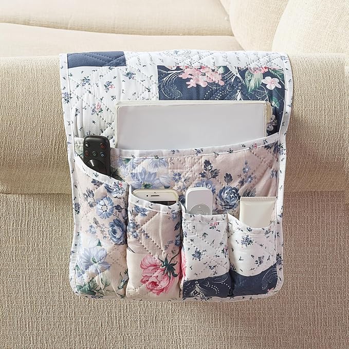 Brilliant Sunshine Vintage Indigo Roses Couch Armrest Cover, 35"×13" | Washable Magazine Holder, Armrest Organizer & Caddy on Sofa, Recliner, Armchair, Storage for Remote Controls, Phone, iPad