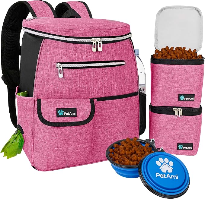 PetAmi Dog Travel Backpack 27L Airline Approved Pet Supplies Bag, Pink | Cat Traveling Suitcase Organizer for Weekend Road Trip Camping; 2 Food Containers, 2 Collapsible Bowls & Poop Bag Dispenser