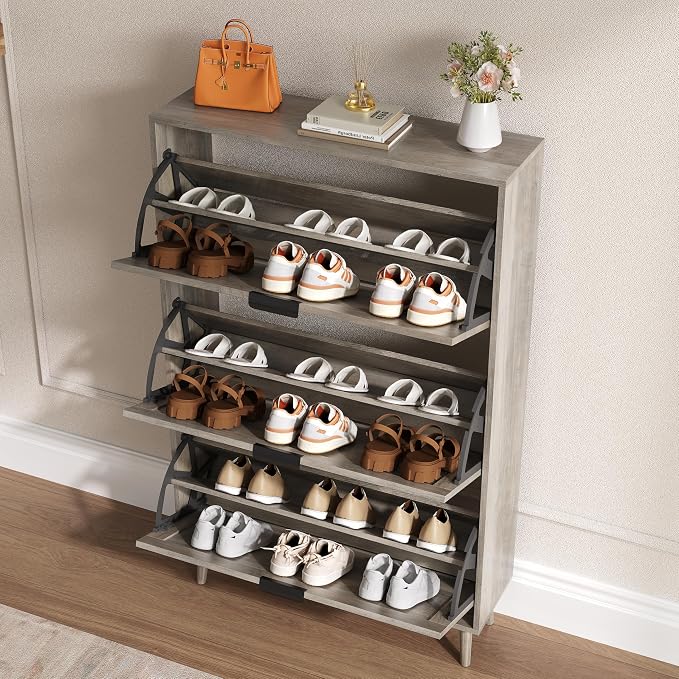 BORNOON Shoe Cabinet for Entryway with 3 Flip Drawers, Slim Wooden Shoe Storage Organizer with Modern Fluted Pannel，Freestanding Narrow Hidden Shoe Rack for Hallway, Foyer, Living Room