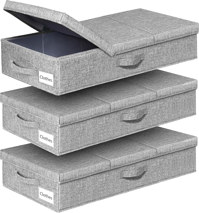 punemi 6 in Tall Under Bed Storage Containers with Firm Sides, 3Pack, Grey | Firm Sides, Top &Bottom, Stackable Design, for Blankets, Clothes & Toys, Underbed & Closet Organization