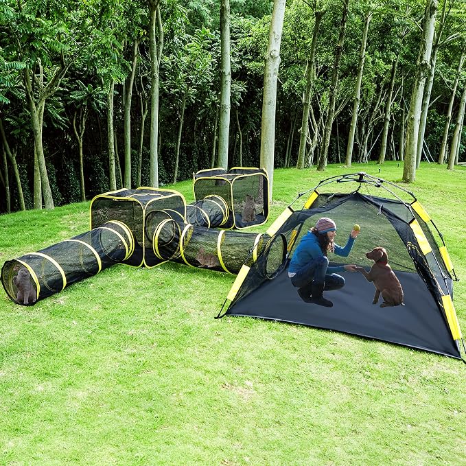 Outdoor Enclosure 6-in-1 Cat & Ferret Playpen with Tunnels, Portable Foldable Pop Up Play Tunnel for Cats, Dogs, Rabbits & Ferrets