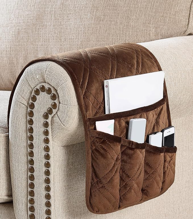 Brilliant Sunshine Chocolate Velvet Couch Armrest Cover, 35"×13" | Washable Magazine Holder, Armrest Organizer & Caddy on Sofa, Recliner, Armchair, Storage for Remote Controls, Phone, iPad
