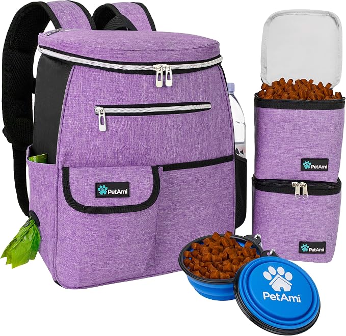 PetAmi Dog Travel Backpack 27L Airline Approved Pet Supplies Bag, Purple | Cat Traveling Suitcase Organizer for Weekend Road Trip Camping; 2 Food Containers, 2 Collapsible Bowls & Poop Bag Dispenser