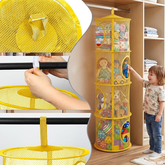 Hanging Stuffed Animal Storage Hammock Net 4 Tiers, Yellow | Hanging Mesh Storage Organizer for Kids Room, Holds Plushies, Gloves, Hats, Socks, Foldable Space-saving Design