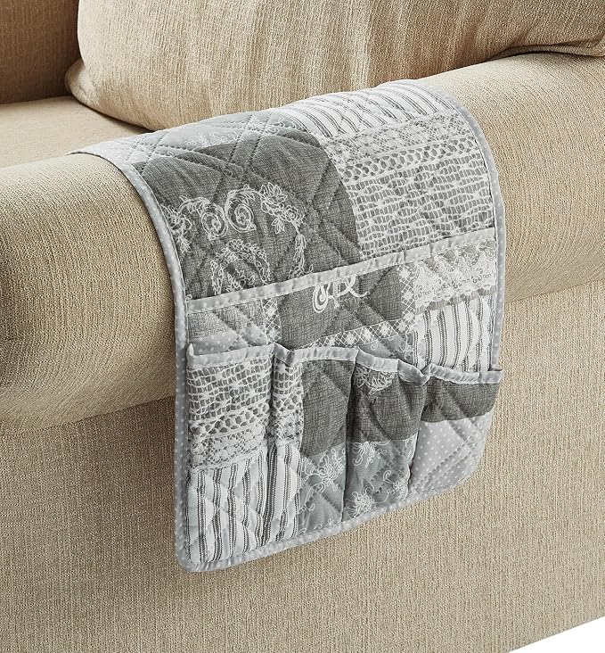 Brilliant Sunshine Grey Toile Floral Couch Armrest Cover, 35"×13" | Washable Magazine Holder, Armrest Organizer & Caddy on Sofa, Recliner, Armchair, Storage for Remote Controls, Phone, iPad