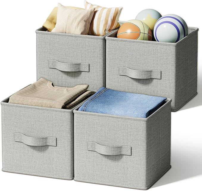 LayerSpace 4 Pack Foldable Fabric Closet Storage Bins, 11Inch Organizer Cubes with Handles, Linen Storage Boxes for Clothes, Toys, Books and Home Organization,Gray | Thickened Rigid PP Panels, Cotton-linen Shelf Baskets, Measure 11"L x 11"W x 11"H for ...