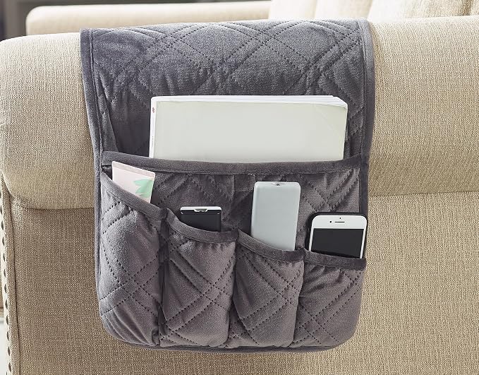Brilliant Sunshine Grey Velvet Couch Armrest Cover, 35"×13" | Washable Magazine Holder, Armrest Organizer & Caddy on Sofa, Recliner, Armchair, Storage for Remote Controls, Phone, iPad