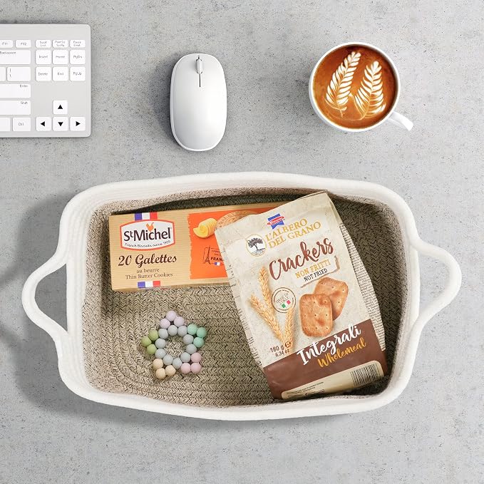XUANGUO Medium Woven Cotton Rope Storage Basket with Handles | Small decorative rectangle storage bin for baby nursery items and cat toys; ideal as an empty gift basket or dog toy basket