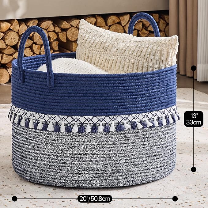 KAKAMAY Large Blanket Basket with Handles, Storage Basket for Living Room | Extra Large Capacity | Natural Cotton Rope | Blanket Storage | Woven Storage Basket | Stuffed Animal Storage | Laundry Basket