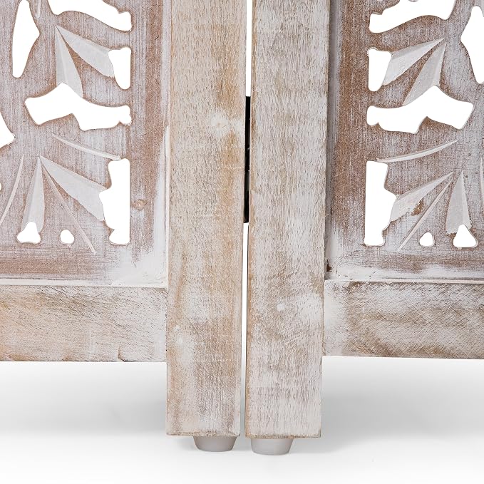 Lightnpro 4-Panel Carved Wooden Dog Gate with Stopper – 72 Inch Extra-Wide Foldable Freestanding Pet Barrier, White Wash Indoor Safety Fence for Small Dogs & Puppies – 24x18 Inch Panels