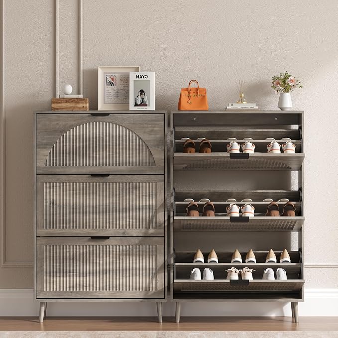 BORNOON Shoe Cabinet for Entryway with 3 Flip Drawers, Slim Wooden Shoe Storage Organizer with Modern Fluted Pannel，Freestanding Narrow Hidden Shoe Rack for Hallway, Foyer, Living Room