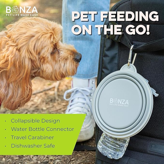 Bonza Collapsible Dog Bowls - Medium 25 oz, Dog Travel Accessories, Silicone Portable Dogs Bowl & Water Dish with Reinforced Rim & Carabiner for Hiking, Camping, and Car Trips, Light Gray