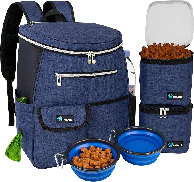 PetAmi Dog Travel Backpack 27L Airline Approved Pet Supplies Bag, Navy Blue | Cat Traveling Suitcase Organizer for Weekend Road Trip Camping; 2 Food Containers, 2 Collapsible Bowls & Poop Bag Dispenser