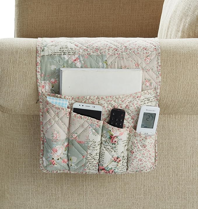 Brilliant Sunshine Soft Pink Rose & Sage Couch Armrest Cover, 35"×13" | Washable Magazine Holder, Armrest Organizer & Caddy on Sofa, Recliner, Armchair, Storage for Remote Controls, Phone, iPad