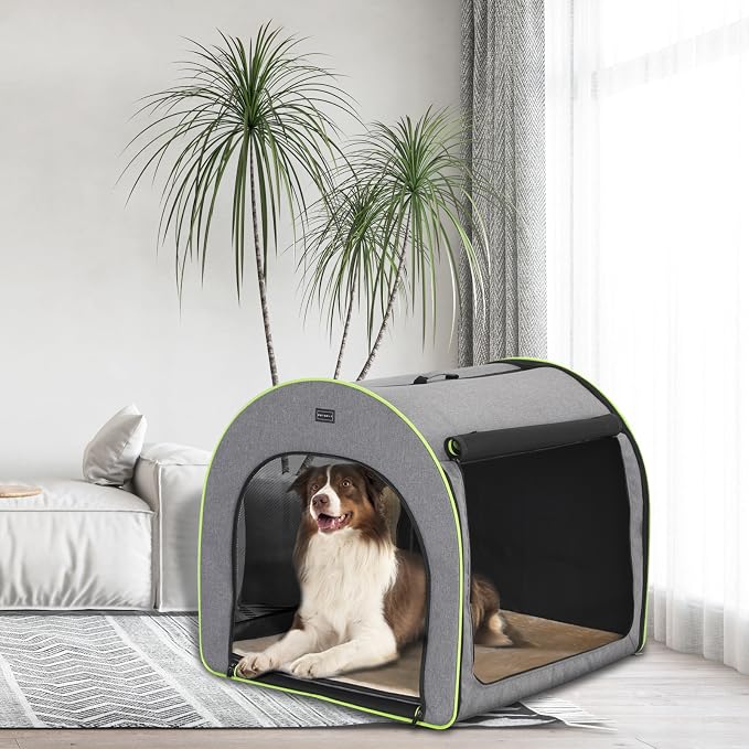 PETSFIT Collapsible Dog Crate, Travel Dog Crate - 35.5 Inch Lightweight, Roomy, Easy to Set Up, Sturdy Soft Dog Kennel with Thick Mat, Snowflake Grey