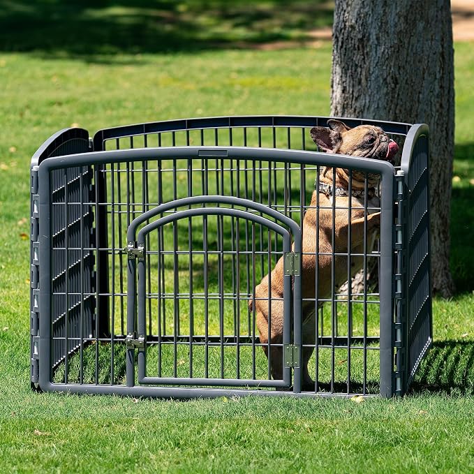 IRIS USA 4-Panel Dog Playpen, Pet Enclosure, Gray | Puppy Training, Custom Pen Configuration, Multi-Shape Setup, Flexible Boundary, Secure Door Latch, Stable Non-Tip Base