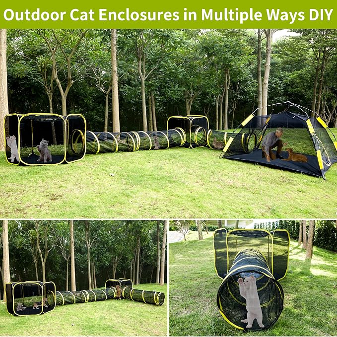 Outdoor Enclosure 6-in-1 Cat & Ferret Playpen with Tunnels, Portable Foldable Pop Up Play Tunnel for Cats, Dogs, Rabbits & Ferrets