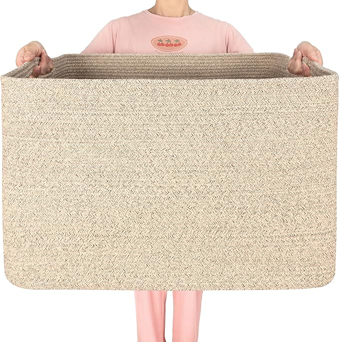 112L Extra Large Blanket Basket Holder Living Room, 25"x17"x16" Rectangle Rope Woven Storage Basket with Handles for Laundry, Towels, Shoes, Dog Toy Organizer Bin Box, Oatmeal Brown