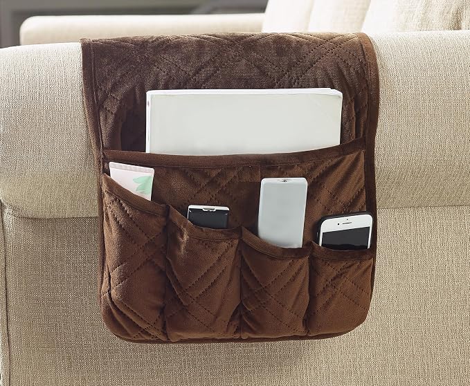 Brilliant Sunshine Chocolate Velvet Couch Armrest Cover, 35"×13" | Washable Magazine Holder, Armrest Organizer & Caddy on Sofa, Recliner, Armchair, Storage for Remote Controls, Phone, iPad