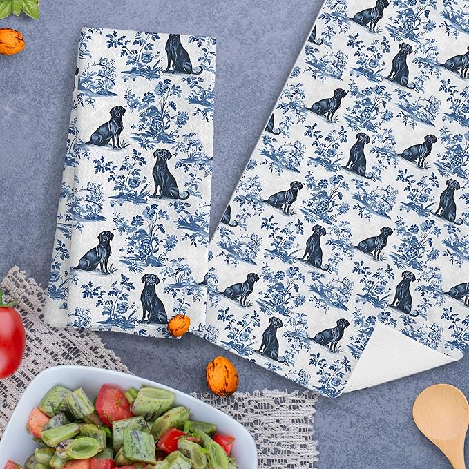 Chinoiserie Labrador Retriever Kitchen Towels Set of 2, Blue and White Botanical Grandmillennial Dog Decorative Dish Tea Towels, Labrador Retriever Gifts for Kitchen Bathroom Decor, 16x24 Inch
