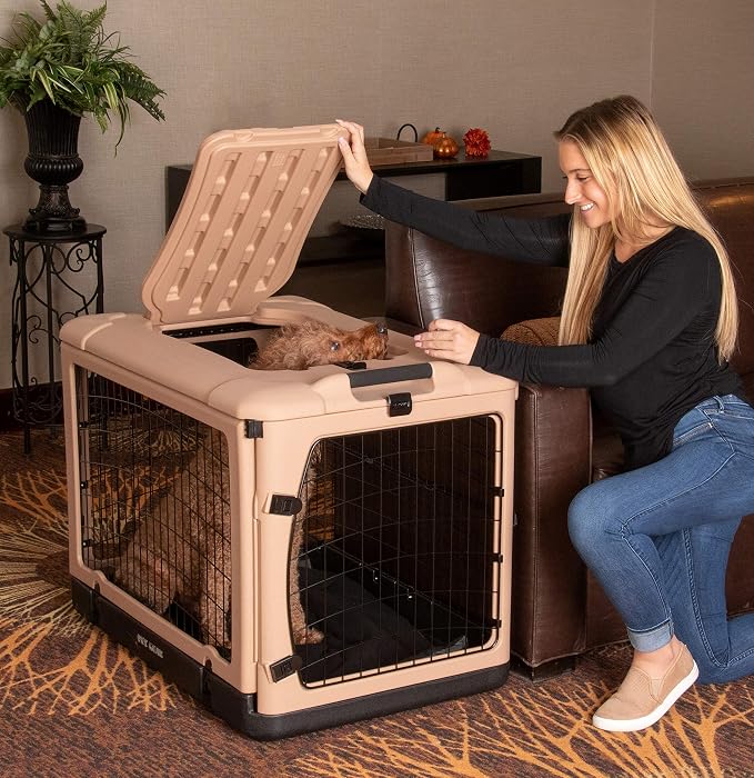 Pet Gear The Other Door 4 Door Steel Crate for Dogs/Cats, 36", Beige | Garage-Style Door, Includes Plush Bed & Travel Bag, No Tools Required