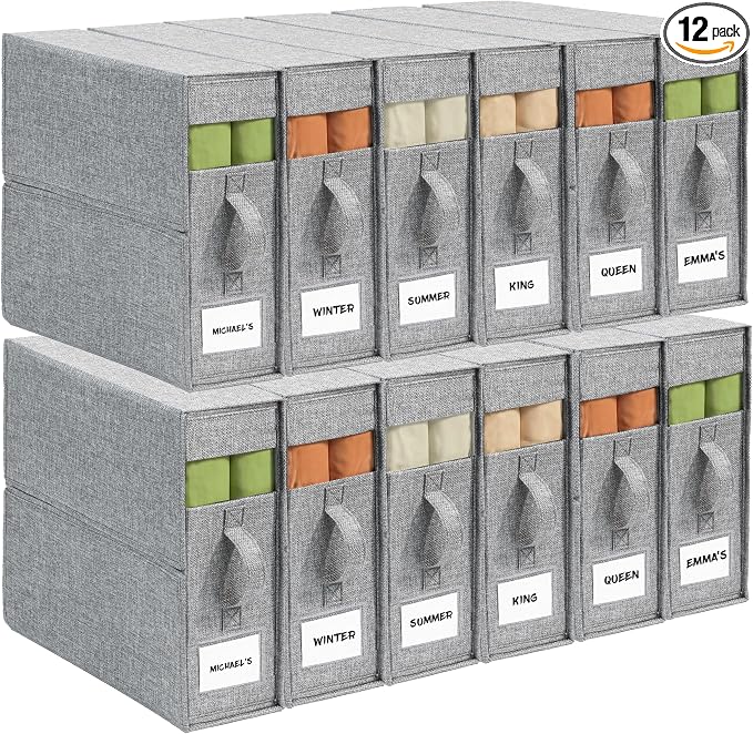 Sheet Organizers and Storage for Linen Closet, 12Pack Grey | 1200D Linen-Type Cloth, Fits King and Queen Sheet Sets, Clear Window and Label Slot, Foldable Dustproof Storage with Handle