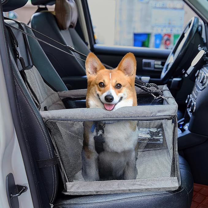 Dog Car Seat for Medium Sized Dog, Booster Car Seat with Clip-On Safety Leash, Fits Both Front and Rear Seats, Pet Seat for Medium Pets Under 25 Lbs, Grey M