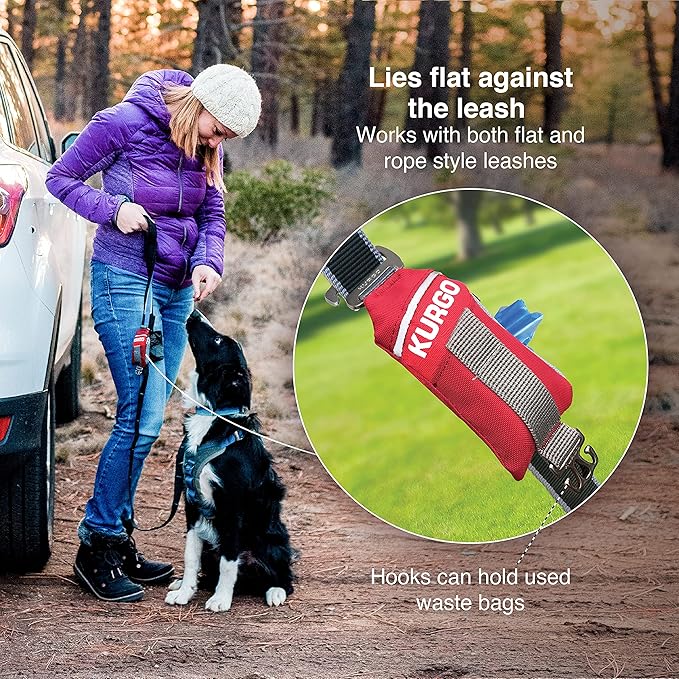 Kurgo Duty Bag Dog Poop Bag Dispenser | Compact Hands-Free Waste Holder With Carry Hook, Fits Rope or Flat Leashes, Machine-Washable Pouch, Includes 15 Bags