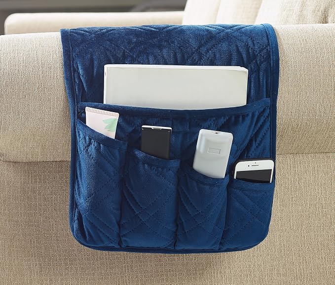 Brilliant Sunshine Dark Blue Velvet Couch Armrest Cover, 35"×13" | Washable Magazine Holder, Armrest Organizer & Caddy on Sofa, Recliner, Armchair, Storage for Remote Controls, Phone, iPad